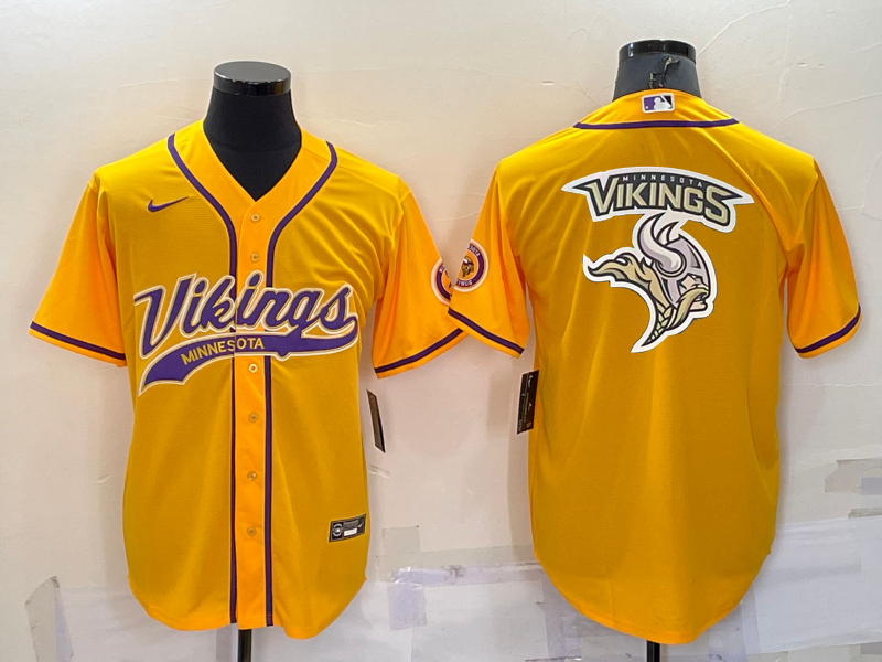 Men's Gold Minnesota Vikings Team Big Logo With Patch Cool Base Stitched Baseball Jersey